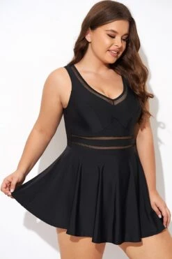 Black V-neck Wide Strap Crochet Detail Swimdress -Luna Marina Store b desd113001 6