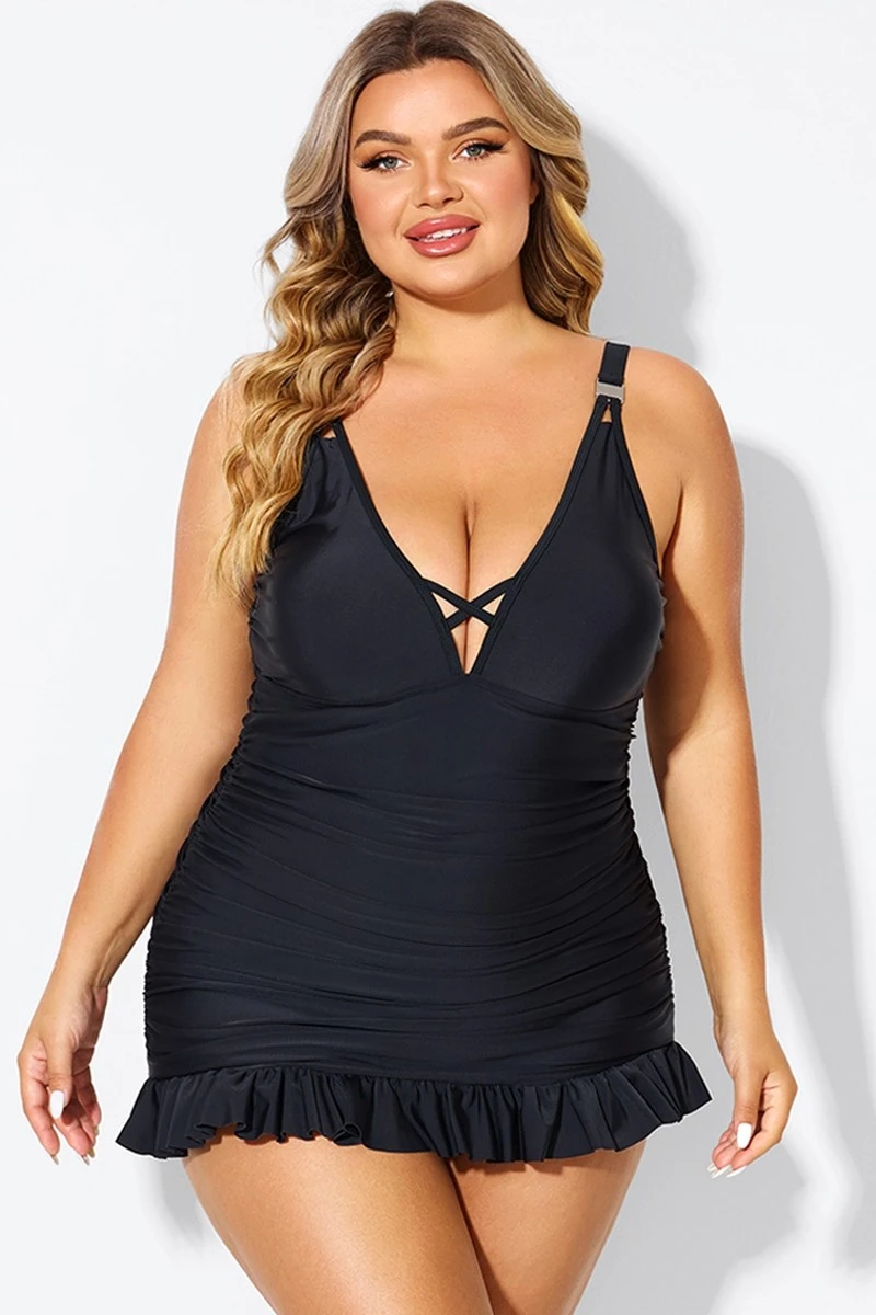 Black V-neck Tummy Control Ruched Swimdress 3 Black V-neck Tummy Control Ruched Swimdress