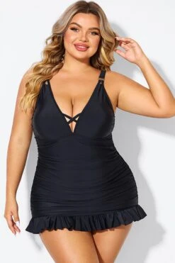 Black V-neck Tummy Control Ruched Swimdress 10 Black V-neck Tummy Control Ruched Swimdress -Luna Marina Store b desd117001 3