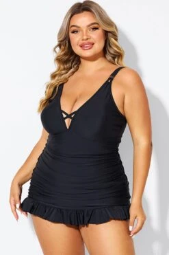 Black V-neck Tummy Control Ruched Swimdress 11 Black V-neck Tummy Control Ruched Swimdress -Luna Marina Store b desd117001 4