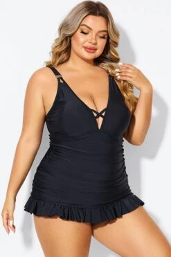 Black V-neck Tummy Control Ruched Swimdress 12 Black V-neck Tummy Control Ruched Swimdress -Luna Marina Store b desd117001 5