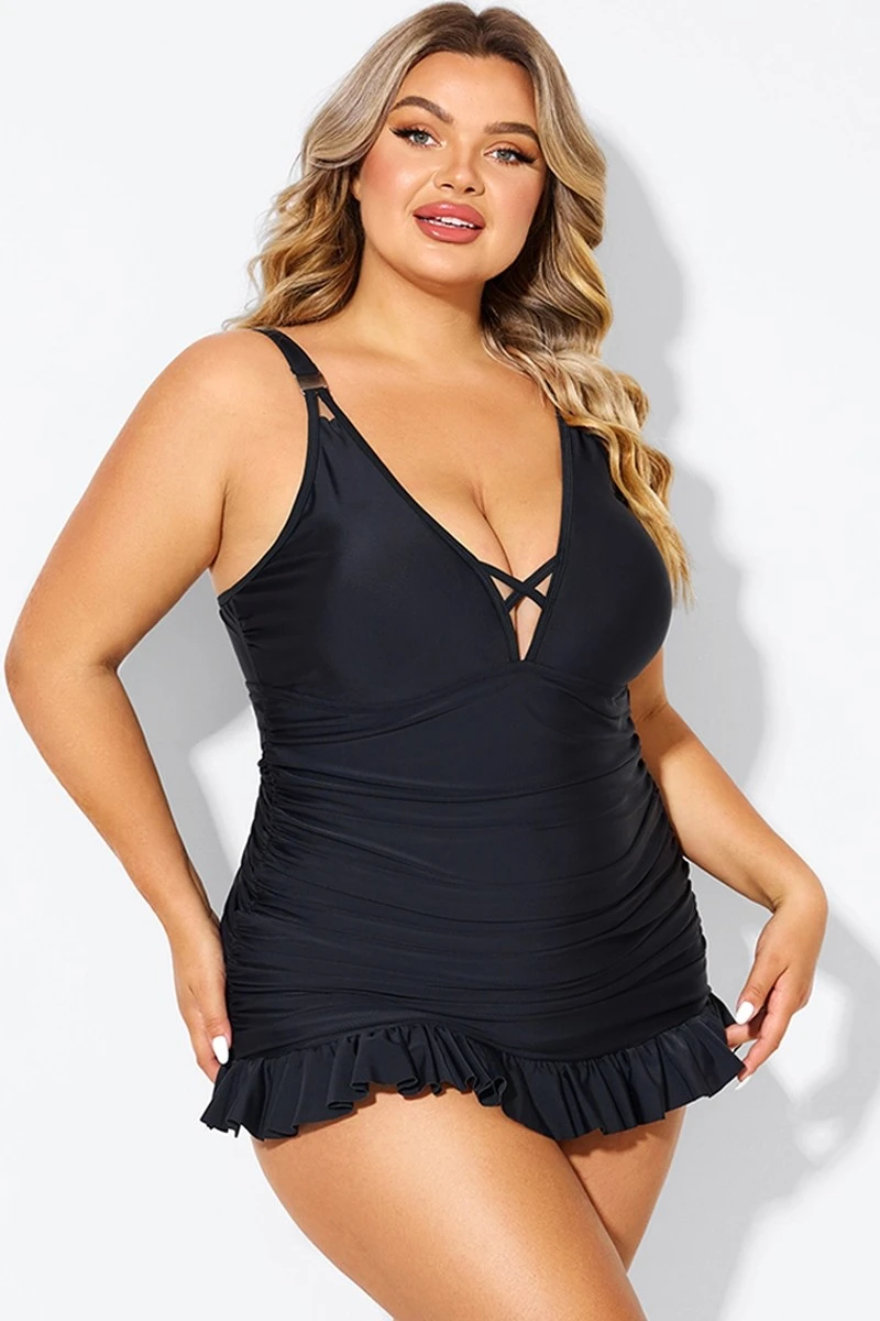 Black V-neck Tummy Control Ruched Swimdress 8 Black V-neck Tummy Control Ruched Swimdress - Image 6
