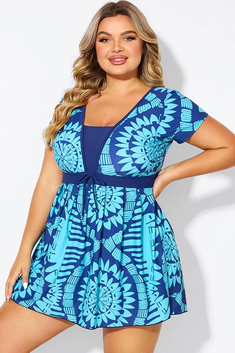Tribal Print Cyan Short Sleeve Women Swimdress 3 Tribal Print Cyan Short Sleeve Women Swimdress
