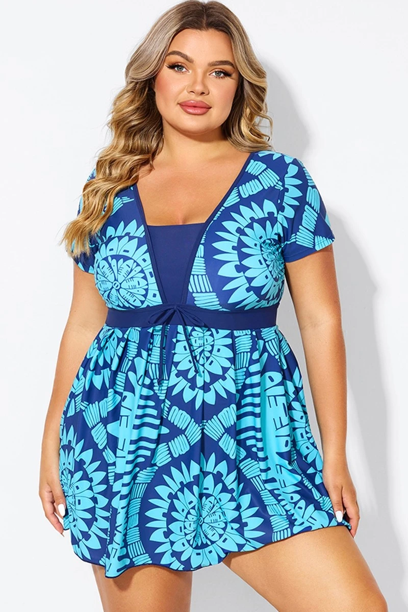 Tribal Print Cyan Short Sleeve Women Swimdress 6 Tribal Print Cyan Short Sleeve Women Swimdress - Image 4