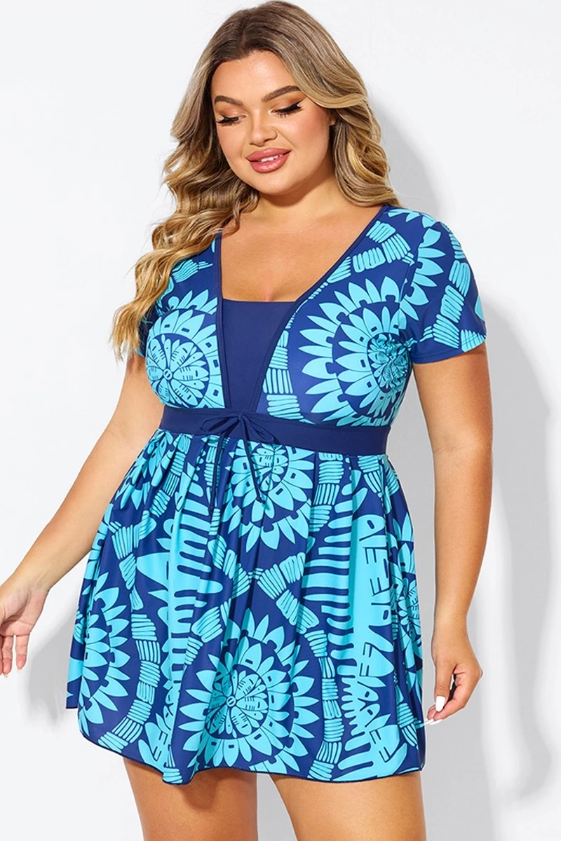 Tribal Print Cyan Short Sleeve Women Swimdress 7 Tribal Print Cyan Short Sleeve Women Swimdress - Image 5