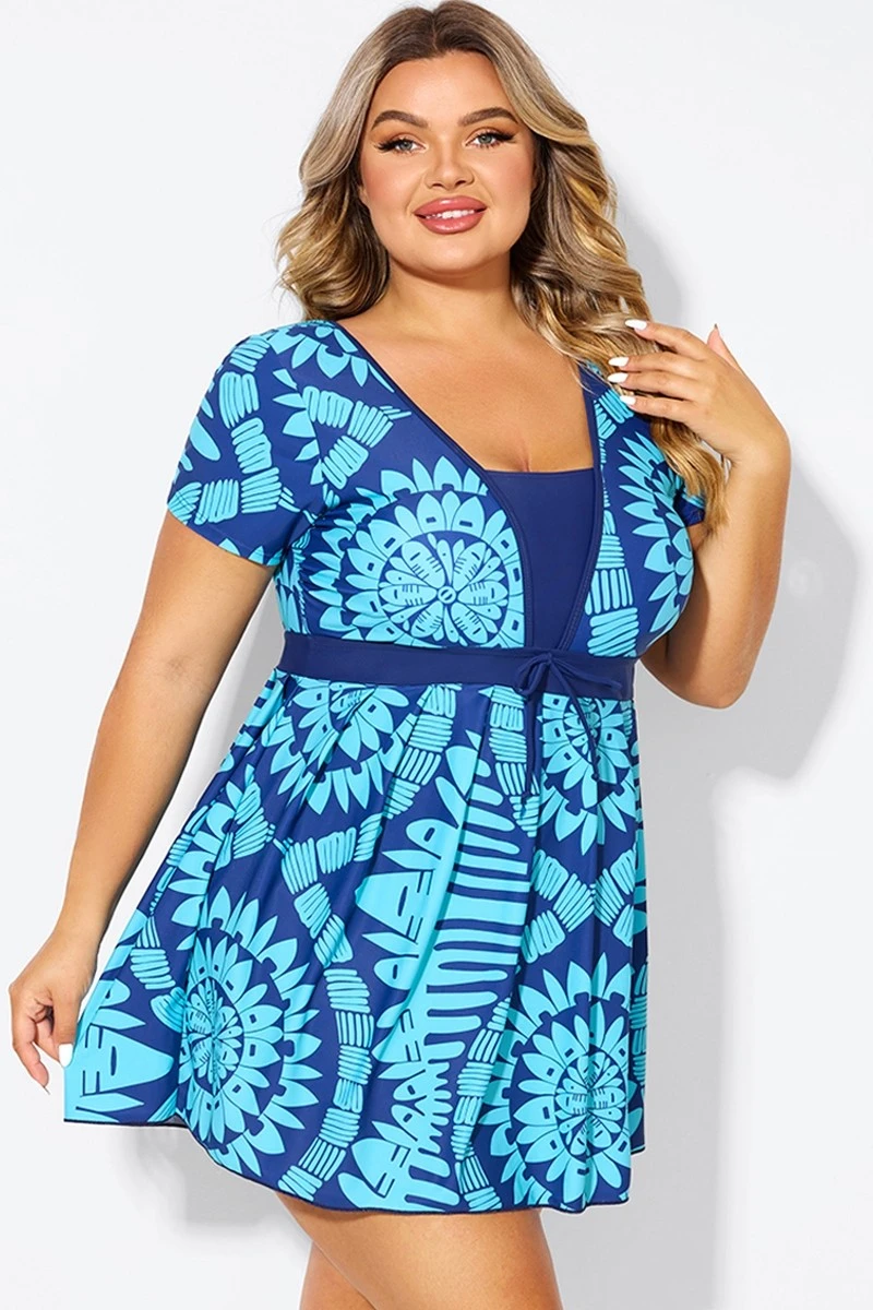 Tribal Print Cyan Short Sleeve Women Swimdress 8 Tribal Print Cyan Short Sleeve Women Swimdress - Image 6