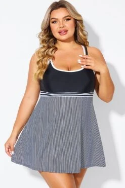 Black & White Criss Cross Striped Double Strap Swimdress