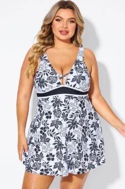 Black Floral Print Cut Out Plus Size Swimdress