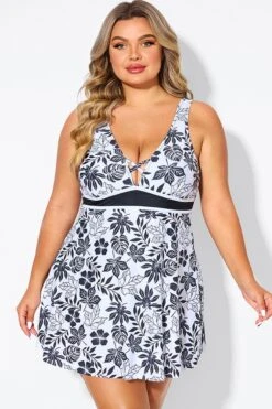 Black Floral Print Cut Out Plus Size Swimdress 10 Black Floral Print Cut Out Plus Size Swimdress -Luna Marina Store b desd121001 3