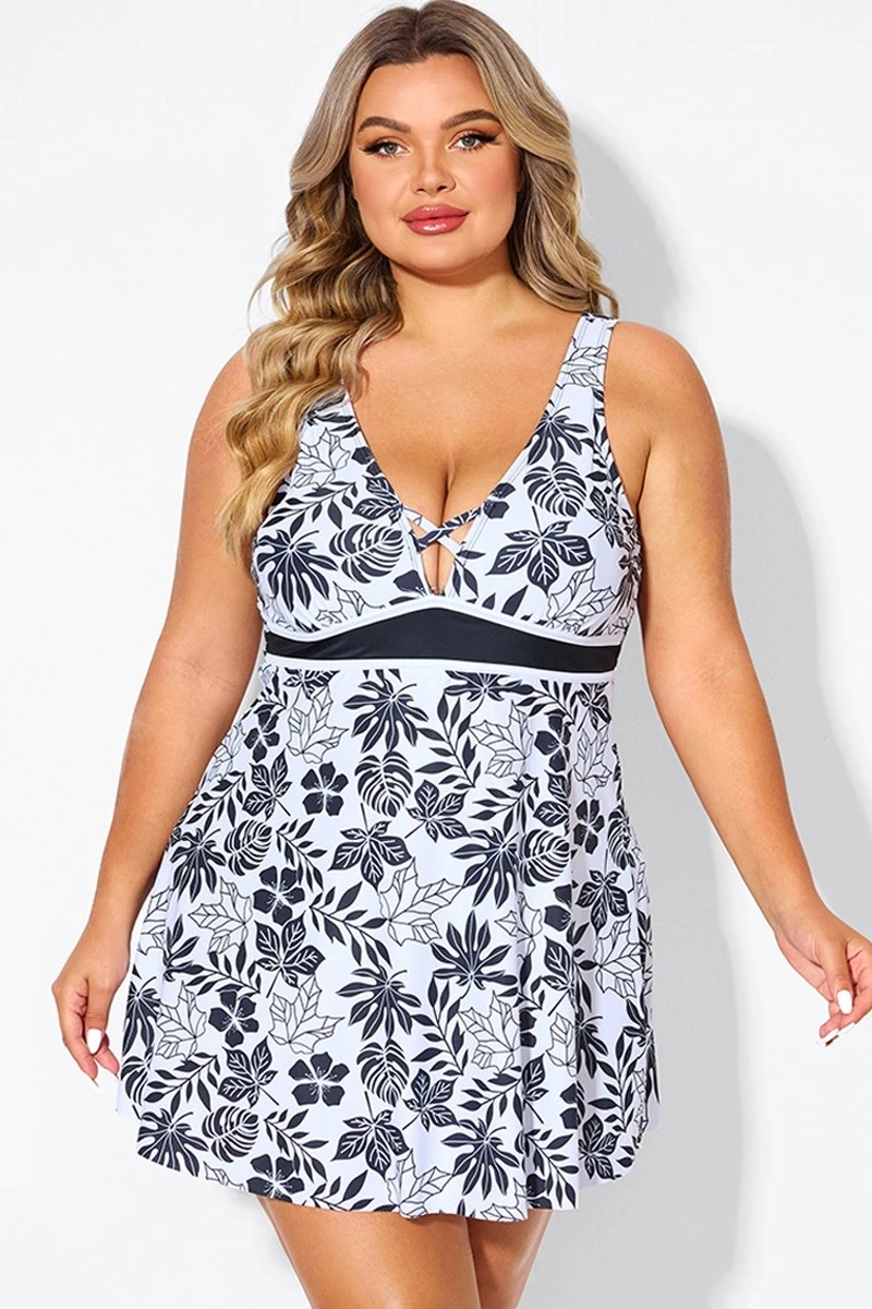 Black Floral Print Cut Out Plus Size Swimdress 5 Black Floral Print Cut Out Plus Size Swimdress - Image 3
