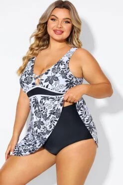 Black Floral Print Cut Out Plus Size Swimdress 12 Black Floral Print Cut Out Plus Size Swimdress -Luna Marina Store b desd121001 5