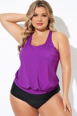 Purple Scoopneck Control Blouson Women Tankini Top -Luna Marina Store b detan003010 5
