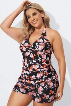 Floral Printed Self-tie Halter Shirred Tankini Set 9 Floral Printed Self-tie Halter Shirred Tankini Set -Luna Marina Store b detan027003 4