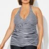 Plus Size Striped V-Neck Halterneck Shirred Tankini Top 1 Plus Size Striped V-Neck Halterneck Shirred Tankini Top -Luna Marina Store b detan027009 1