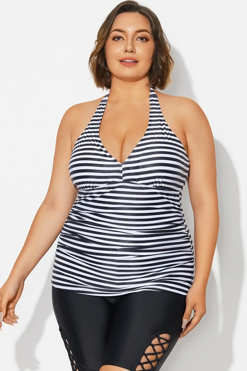 Plus Size Striped V-Neck Halterneck Shirred Tankini Top 3 Plus Size Striped V-Neck Halterneck Shirred Tankini Top