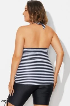 Plus Size Striped V-Neck Halterneck Shirred Tankini Top 9 Plus Size Striped V-Neck Halterneck Shirred Tankini Top -Luna Marina Store b detan027009 2