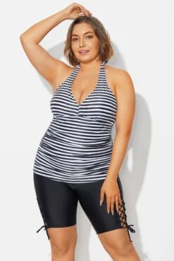 Plus Size Striped V-Neck Halterneck Shirred Tankini Top 10 Plus Size Striped V-Neck Halterneck Shirred Tankini Top -Luna Marina Store b detan027009 3