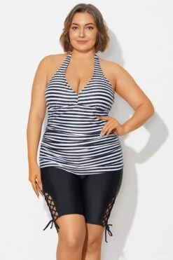 Plus Size Striped V-Neck Halterneck Shirred Tankini Top 12 Plus Size Striped V-Neck Halterneck Shirred Tankini Top -Luna Marina Store b detan027009 4