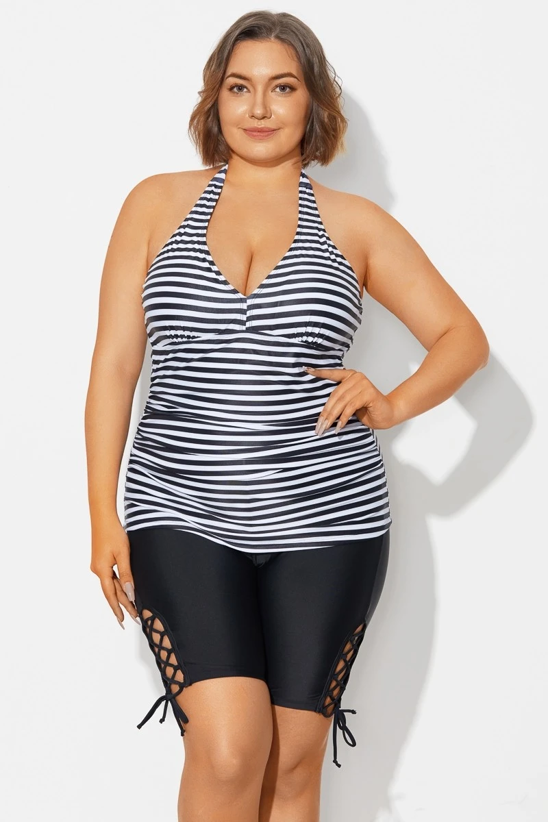 Plus Size Striped V-Neck Halterneck Shirred Tankini Top 7 Plus Size Striped V-Neck Halterneck Shirred Tankini Top - Image 5