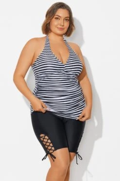 Plus Size Striped V-Neck Halterneck Shirred Tankini Top 11 Plus Size Striped V-Neck Halterneck Shirred Tankini Top -Luna Marina Store b detan027009 6