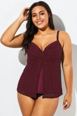 Wine Flyaway Flowy Twist Front Tankini Top