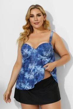 Palm Leaves Printed Sweetheart Neckline Underwire Tankini Set -Luna Marina Store b detan031002 2