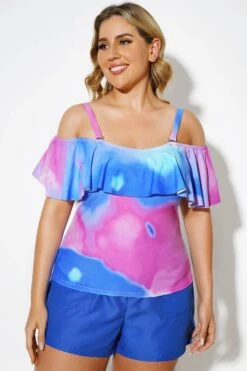 Square Collar Tie Dye Underwire Adjustable Straps Tankini Top -Luna Marina Store b detan086002 3
