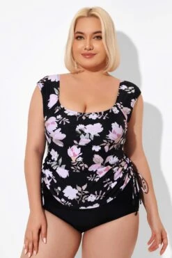 Floral Printed Adjustable Tankini Top With Sleeves -Luna Marina Store b detan092001 4