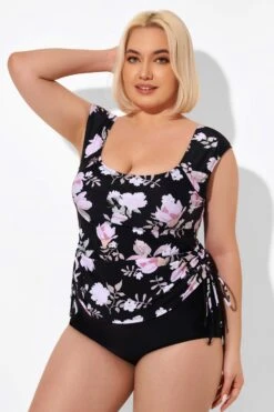 Floral Printed Adjustable Tankini Top With Sleeves -Luna Marina Store b detan092001 5