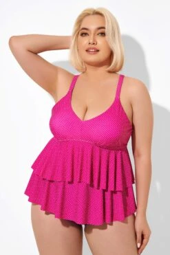 Pink V-neck Tankini Top With Ruffled Hem