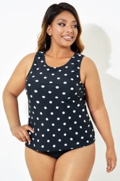 Black Fashionable Polka Dot Coverage Tankini Top -Luna Marina Store b detan125001 4