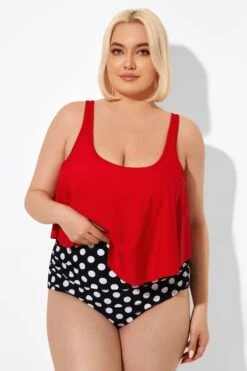 Red Ruched Flounce U-neck Blouson Tankini Top 7 Red Ruched Flounce U-neck Blouson Tankini Top -Luna Marina Store b detan129001 3