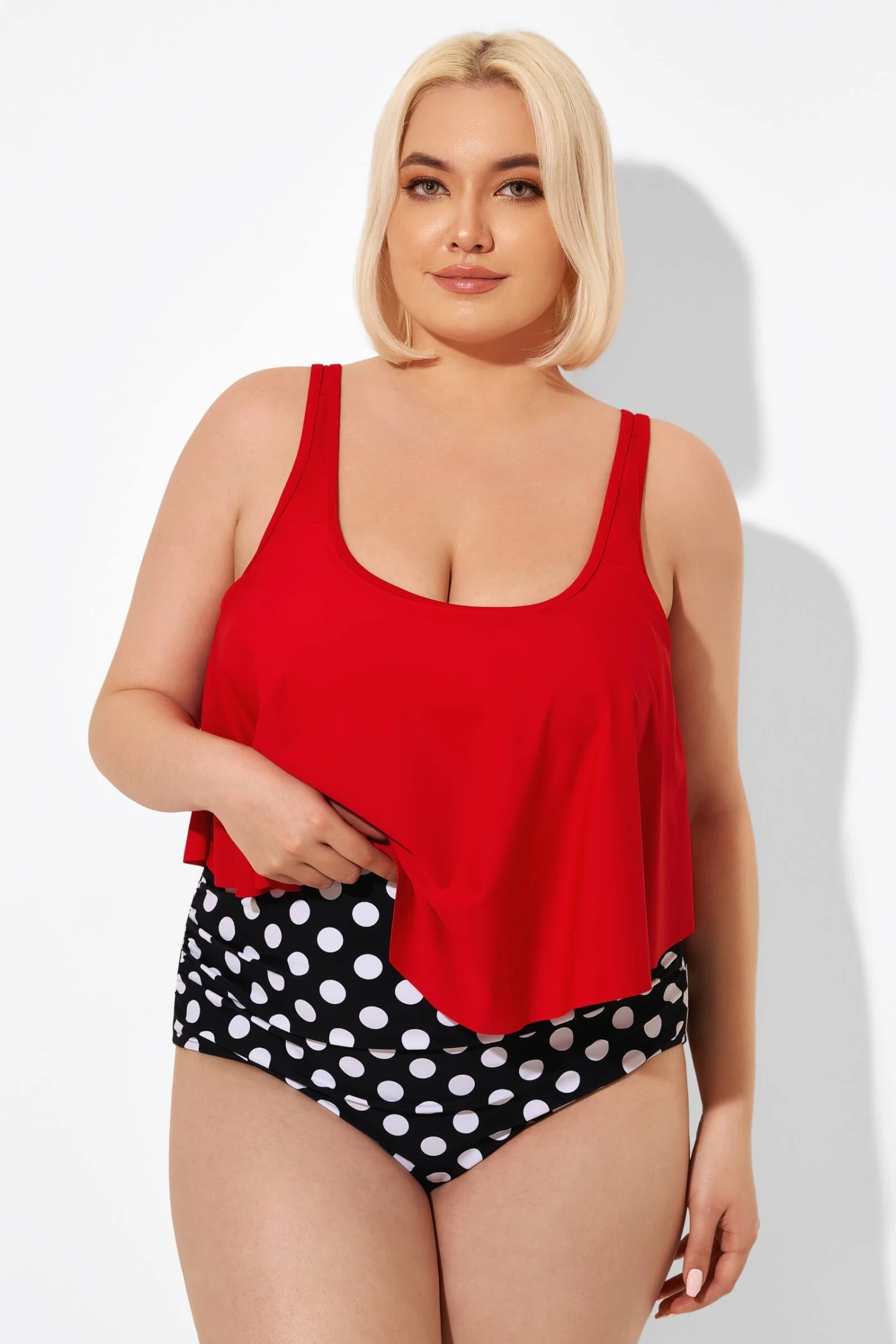Red Ruched Flounce U-neck Blouson Tankini Top 4 Red Ruched Flounce U-neck Blouson Tankini Top - Image 2