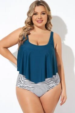 Blue Scoopneck Ruched Flounce Blouson Tankini Top