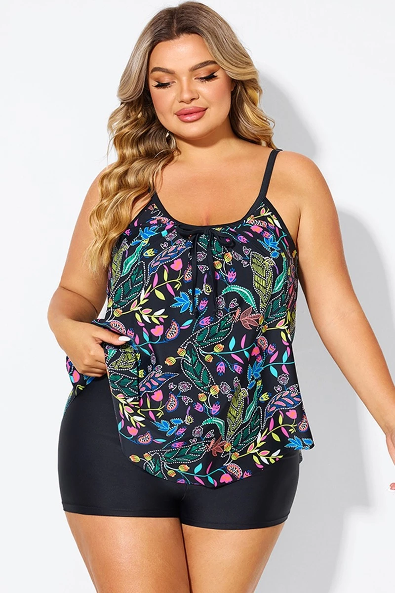 Black Spaghetti Strap Floral Print Tankini Top 2 Black Spaghetti Strap Floral Print Tankini Top