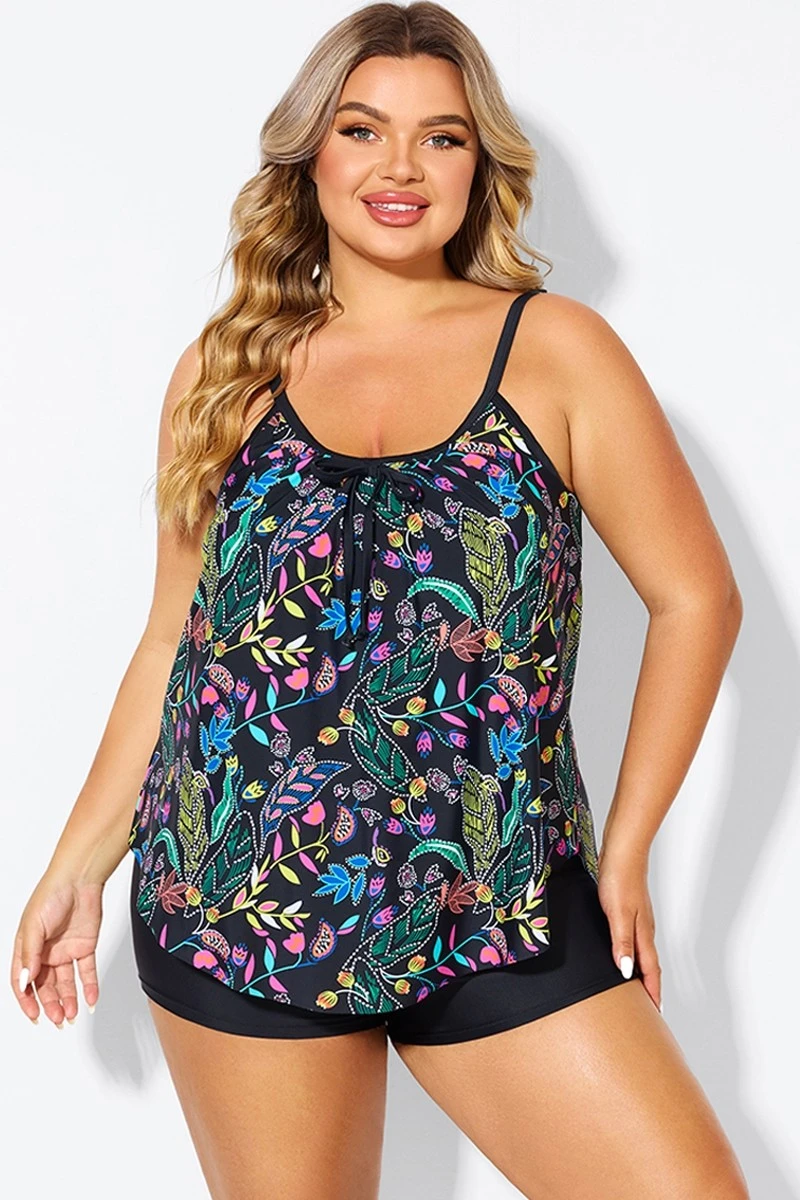Black Spaghetti Strap Floral Print Tankini Top 4 Black Spaghetti Strap Floral Print Tankini Top - Image 3