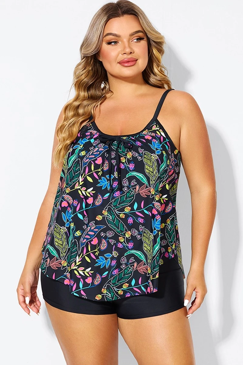 Black Spaghetti Strap Floral Print Tankini Top 5 Black Spaghetti Strap Floral Print Tankini Top - Image 4
