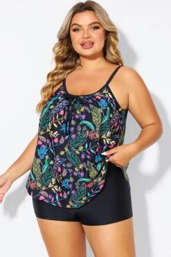 Black Spaghetti Strap Floral Print Tankini Top 12 Black Spaghetti Strap Floral Print Tankini Top -Luna Marina Store b detan158002 5