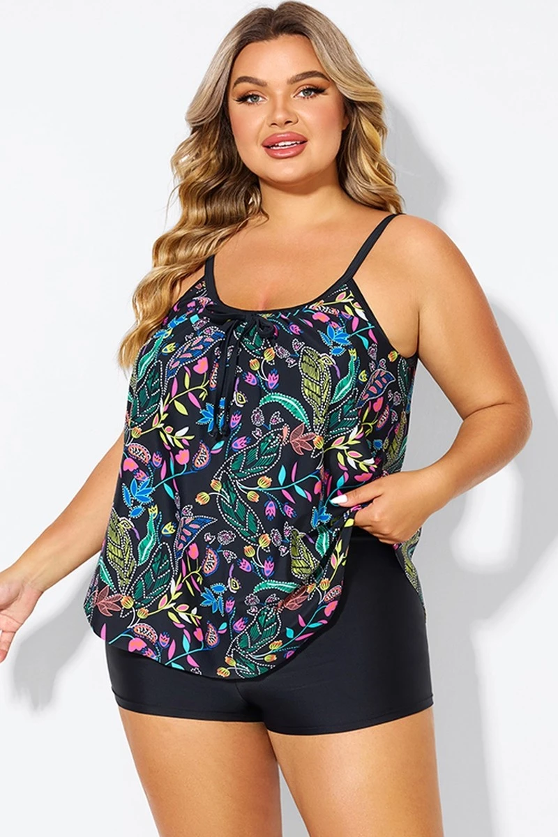 Black Spaghetti Strap Floral Print Tankini Top 7 Black Spaghetti Strap Floral Print Tankini Top - Image 6