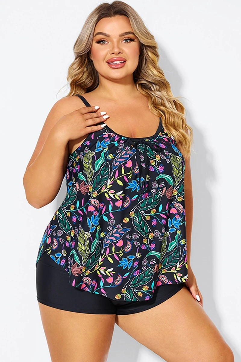 Black Spaghetti Strap Floral Print Tankini Top 6 Black Spaghetti Strap Floral Print Tankini Top - Image 5