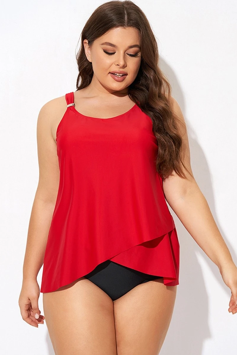 Solid Red Flowy Front Full Straight Back Tankini Top 3 Solid Red Flowy Front Full Straight Back Tankini Top