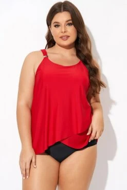 Solid Red Flowy Front Full Straight Back Tankini Top 10 Solid Red Flowy Front Full Straight Back Tankini Top -Luna Marina Store b detan170001 3