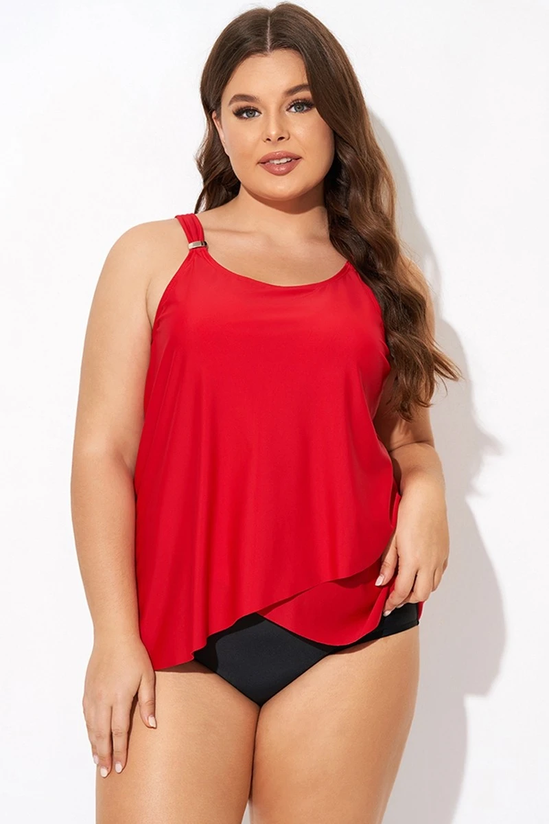 Solid Red Flowy Front Full Straight Back Tankini Top 5 Solid Red Flowy Front Full Straight Back Tankini Top - Image 3