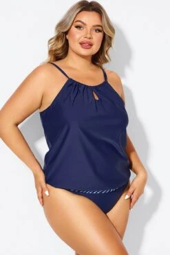 Navy High Neck Blouson Women Tankini Top -Luna Marina Store b detan176001 4