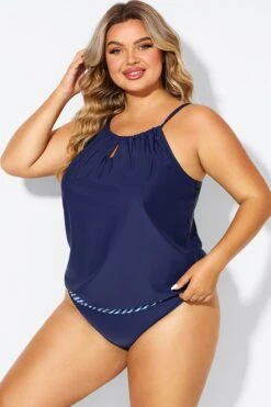 Navy High Neck Blouson Women Tankini Top -Luna Marina Store b detan176001 6