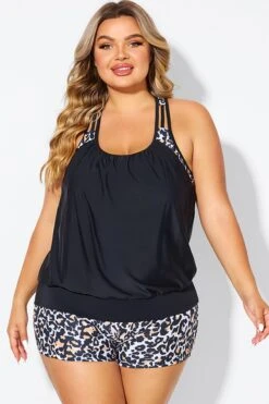 Leopard Print T-Back Blouson Tankini Top
