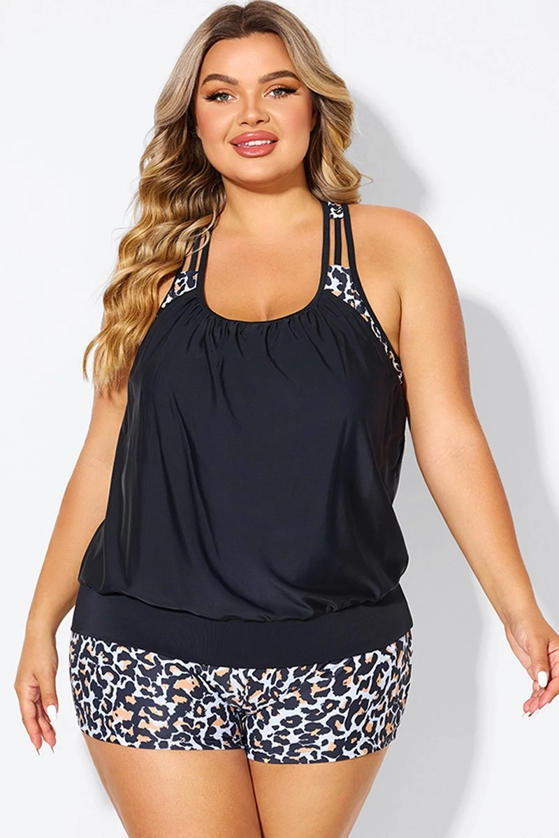 Leopard Print T-Back Blouson Tankini Top 3 Leopard Print T-Back Blouson Tankini Top