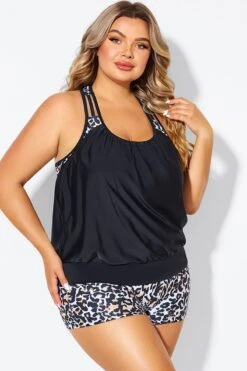 Leopard Print T-Back Blouson Tankini Top 12 Leopard Print T-Back Blouson Tankini Top -Luna Marina Store b detan178001 5