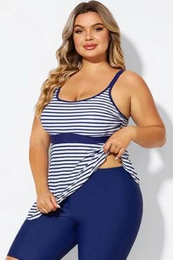 Blue＆White Stripe Adjustable Strap Tankini Top -Luna Marina Store b detan181001 5