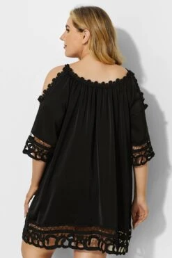 Black Crochet Off The Shoulder Cover Up Dress -Luna Marina Store b sfcu001 3